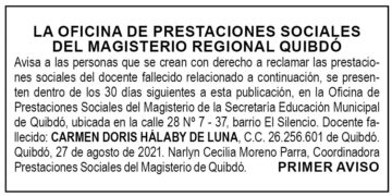 Edicto 1er. aviso Carmen Doris Hálaby de Luna