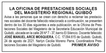 Edicto 1er. aviso José Manuel Arce Mosquera