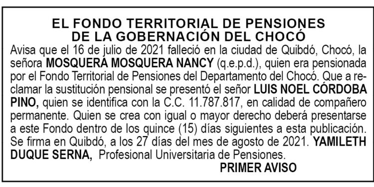Edicto 1er. aviso Nancy Mosquera Mosquera