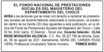 Edicto 1er. aviso Olga Irene Mosquera Valencia