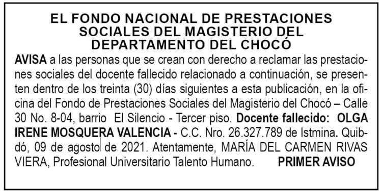 Edicto 1er. aviso Olga Irene Mosquera Valencia