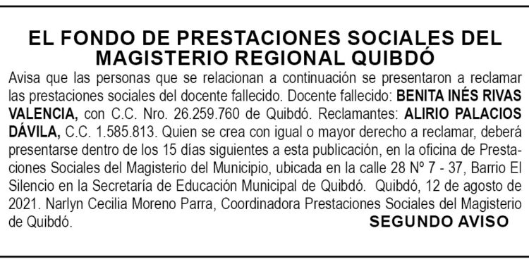 Edicto 2do. aviso Benita Inés Rivas Valencia