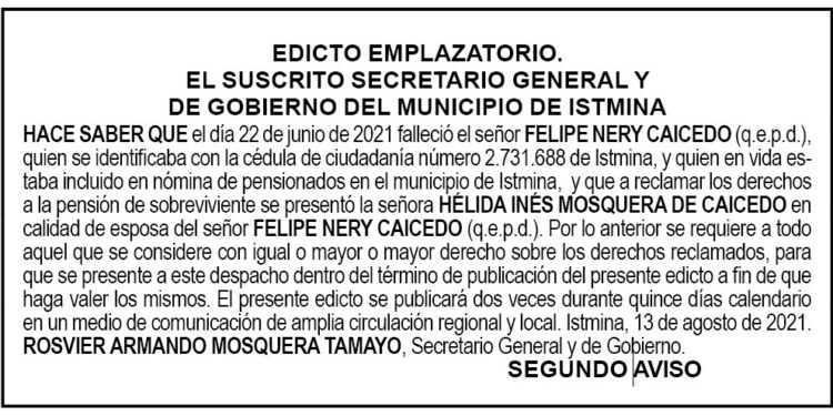 Edicto 2do. aviso Felipe Nery Caicedo