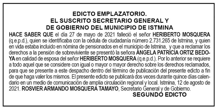 Edicto 2do. aviso Heriberto Mosquera