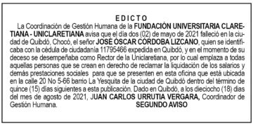 Edicto 2do. aviso José Óscar Córdoba Lizcano