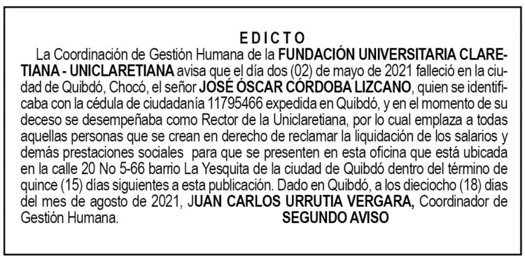 Edicto 2do. aviso José Óscar Córdoba Lizcano