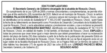 Edicto 2do. aviso Rosmira Palacios Mosquera