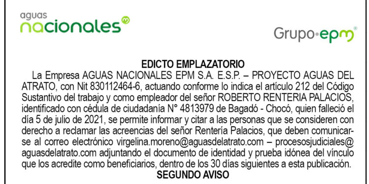 Edicto 2do. aviso Roberto Rentería Palacios