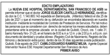 Edicto 1er. aviso Jorge Eliécer Cantillo Hernández