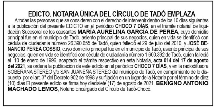 Edicto María Aurelina García de Perea y José Benancio Perea Cossio