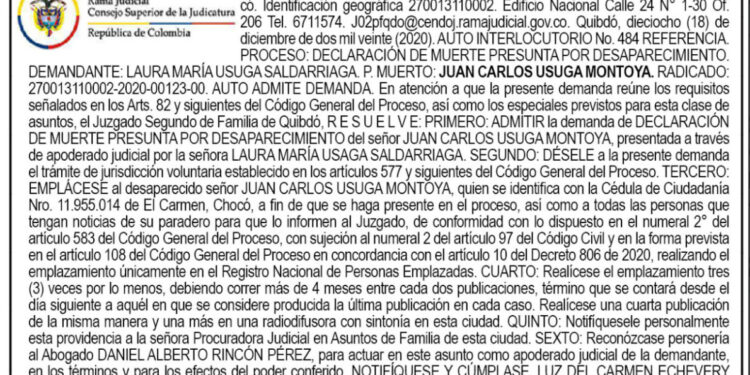 Edicto. Admisión de demanda de muerte presunta por desaparecimiento.