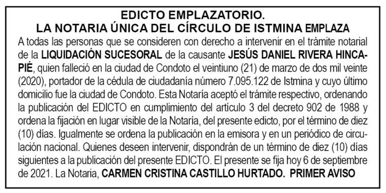 Edicto 1er. aviso Jesús Daniel Rivera Hincapié