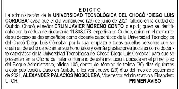 Edicto 1er. aviso Erlin Javier Moreno Conto