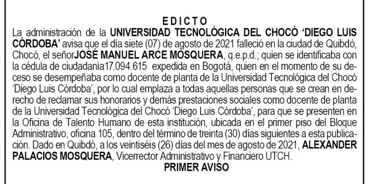 Edicto 1er. aviso José Manuel Arce Mosquera