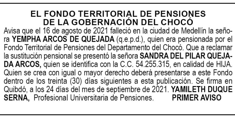 Edicto 1er. aviso Yempha Arcos de Quejada