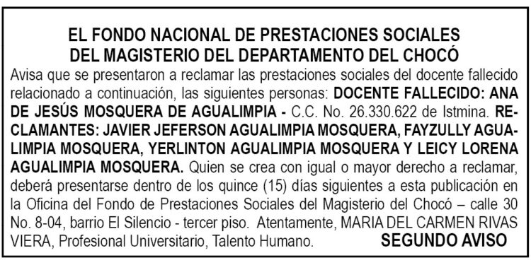 Edicto 2do. aviso Ana de Jesús Mosquera de Agualimpia