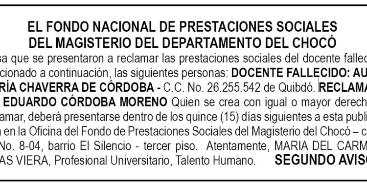 Edicto 2do. aviso Aura María Chaverra de Córdoba