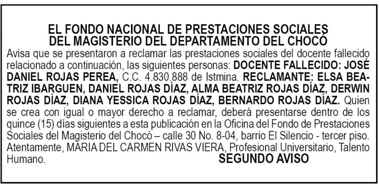 Edicto 2do. aviso José Daniel Rojas Perea