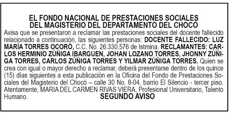 Edicto 2do. aviso Luz María Torres Ocoró