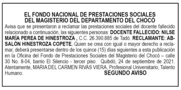 Edicto 2do. aviso Nilse María Perea de Hinestroza