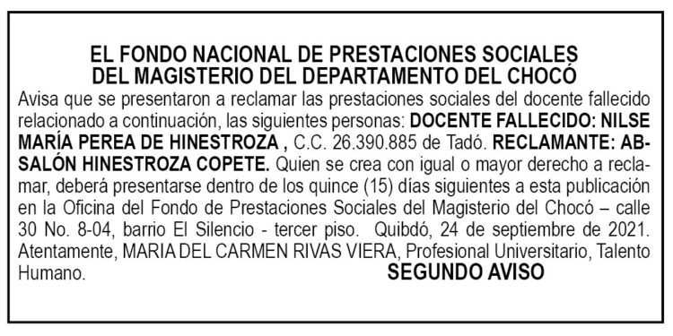 Edicto 2do. aviso Nilse María Perea de Hinestroza