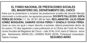Edicto 2do. aviso Sofía Perea de Ochoa