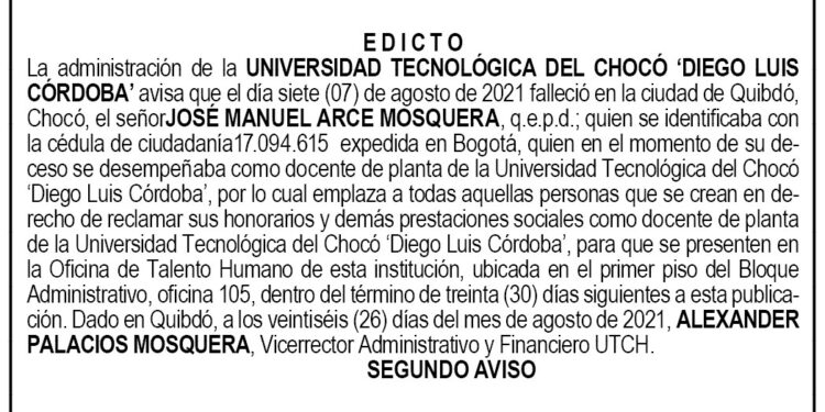 Edicto 2do. aviso José Manuel Arce Mosquera