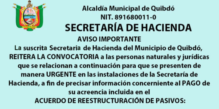 Aviso importante de la Secretaría de Hacienda de Quibdó