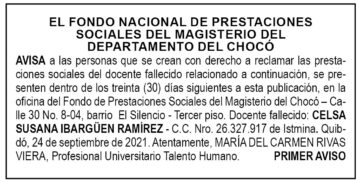 Edicto 1er. aviso Celsa Susana Ibarguen Ramírez