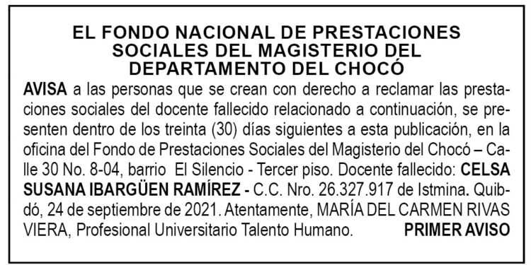 Edicto 1er. aviso Celsa Susana Ibarguen Ramírez