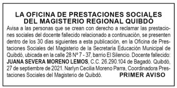 Edicto 1er. aviso Juana Severa Moreno Lemos
