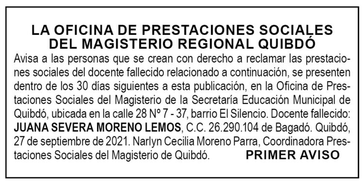 Edicto 1er. aviso Juana Severa Moreno Lemos