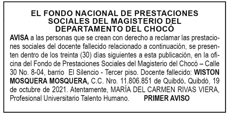 Edicto 1er. aviso Wiston Mosquera Mosquera