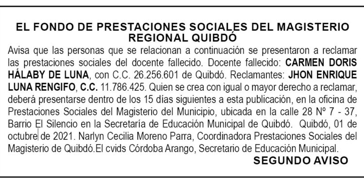 Edicto 2do. aviso Carmen Doris Hálaby de Luna