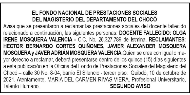 Edicto 2do. aviso Olga Irene Mosquera Valencia