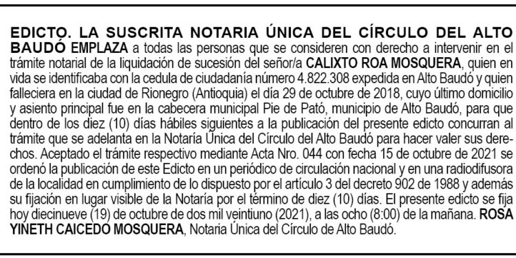 Edicto Calixto Roa Mosquera
