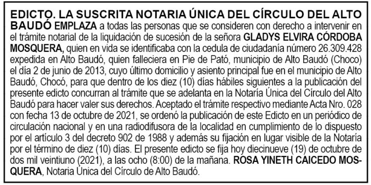 Edicto Gladys Elvira Córdoba Mosquera