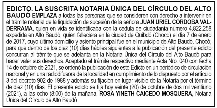 Edicto Juan Uriel Córdoba Valderrama