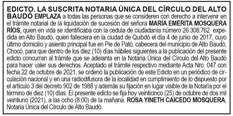 Edicto María Emérita Mosquera Ríos