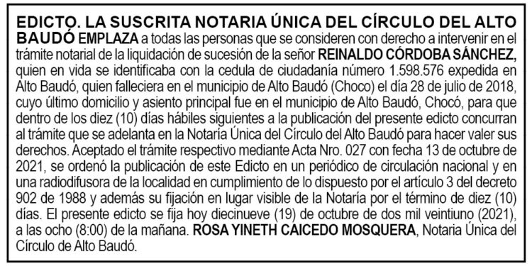 Edicto Reinaldo Córdoba Sánchez