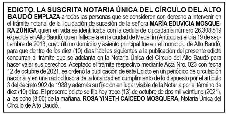 Edicto María Eduvicia Mosquera Zúñiga
