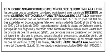 Edicto Gilberto Nieto Quecan y Ana Teresa Castro Castillo