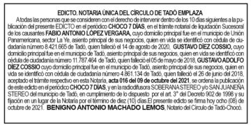 Edicto Fabio Antonio López Vergara, Gustavo Díez Cossio y Gustavo Adolfo Díez Cossio