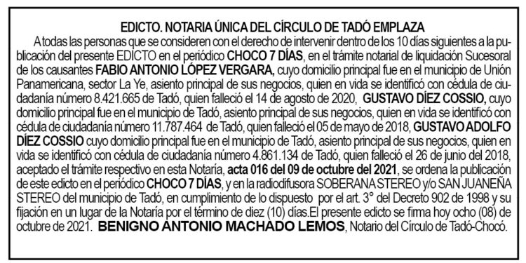 Edicto Fabio Antonio López Vergara, Gustavo Díez Cossio y Gustavo Adolfo Díez Cossio