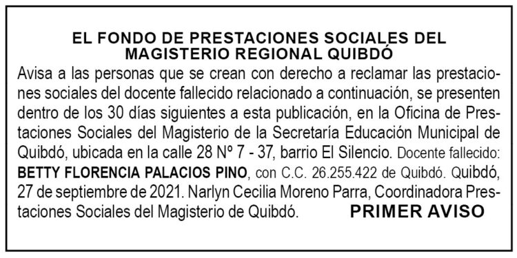 Edicto 1er. aviso Betty Florencia Palacios Pino