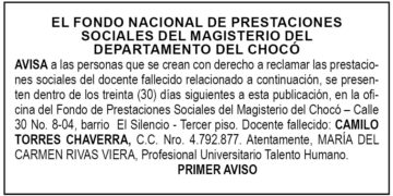 Edicto 1er. aviso Camilo Torres Chaverra