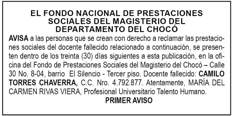 Edicto 1er. aviso Camilo Torres Chaverra