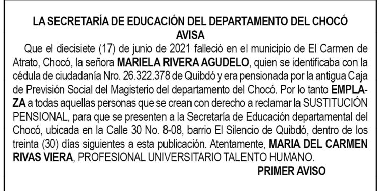 Edicto 1er. aviso Mariela Rivera Agudelo