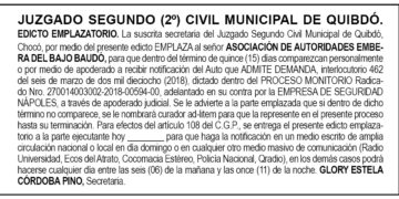 Edicto Juzgado 2º Civil Municipal de Quibdó