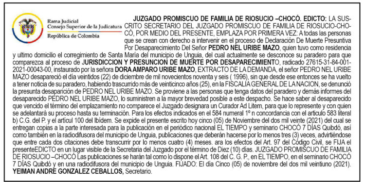 Edicto. Presunción de muerte por desaparecimiento
